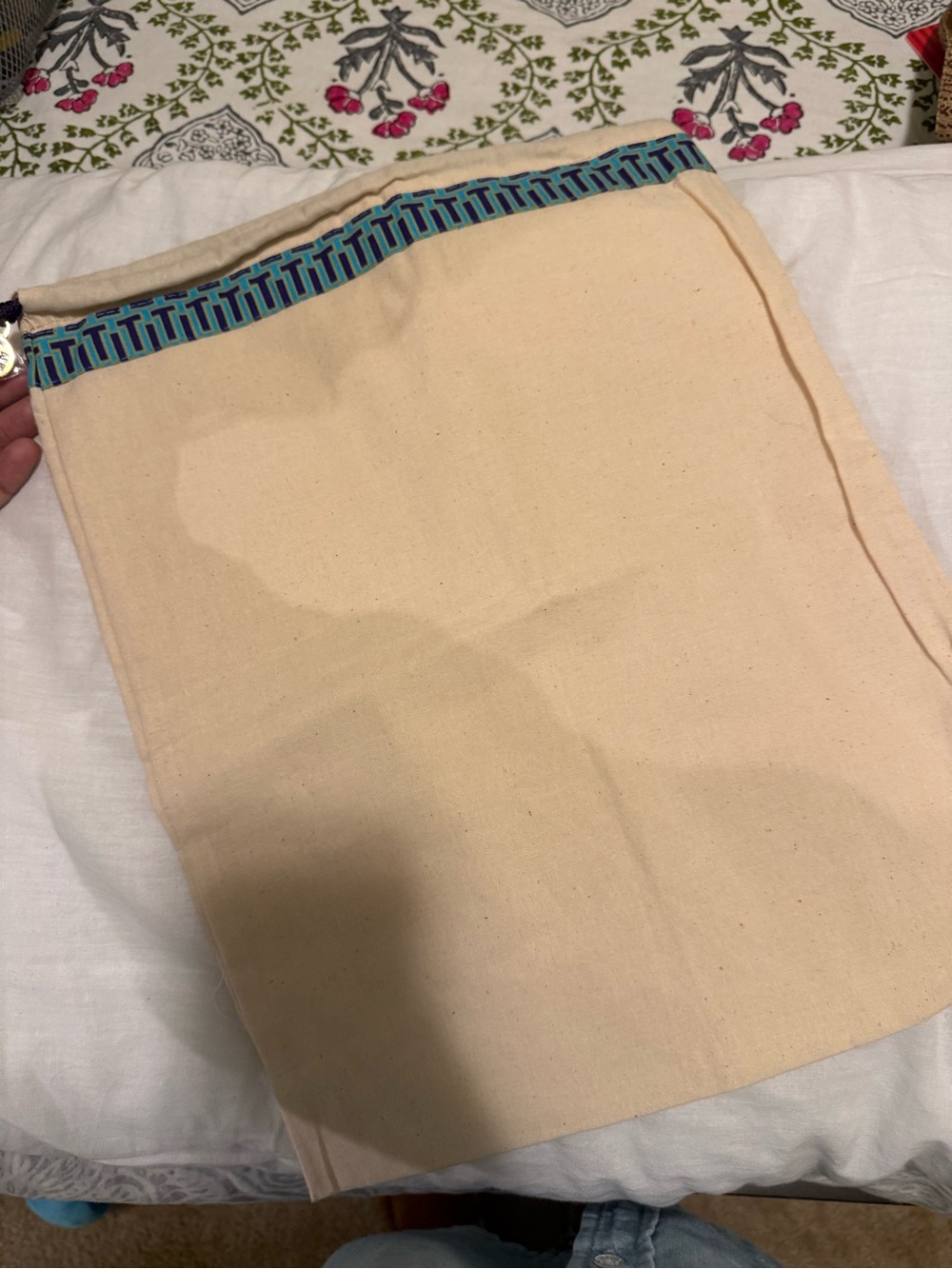 Tory Burch Natural Canvas Drawstring Bag with Turquoise and Navy Trim
